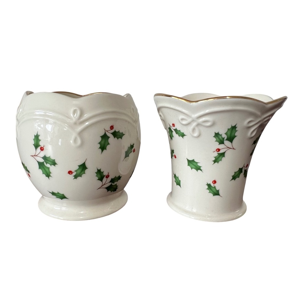 Lenox Holiday Dimension Collection Holly Berries Set of 2 Candle Holder Trim 4"